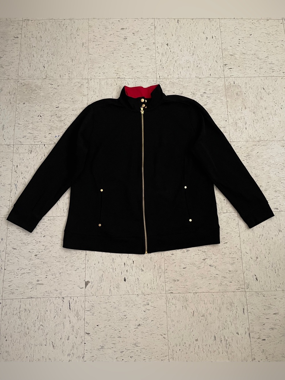 Lauren Ralph Lauren Black Bomber Jacket with Red Collar Accent